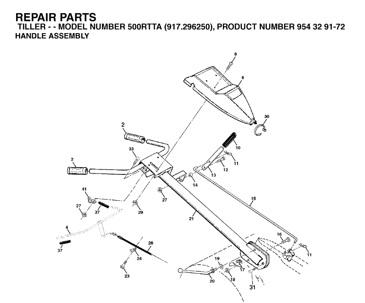 Handle And Controls Diagram and Parts List for 500RTTA (917296250)(2003-04) Husqvarna Cultivator