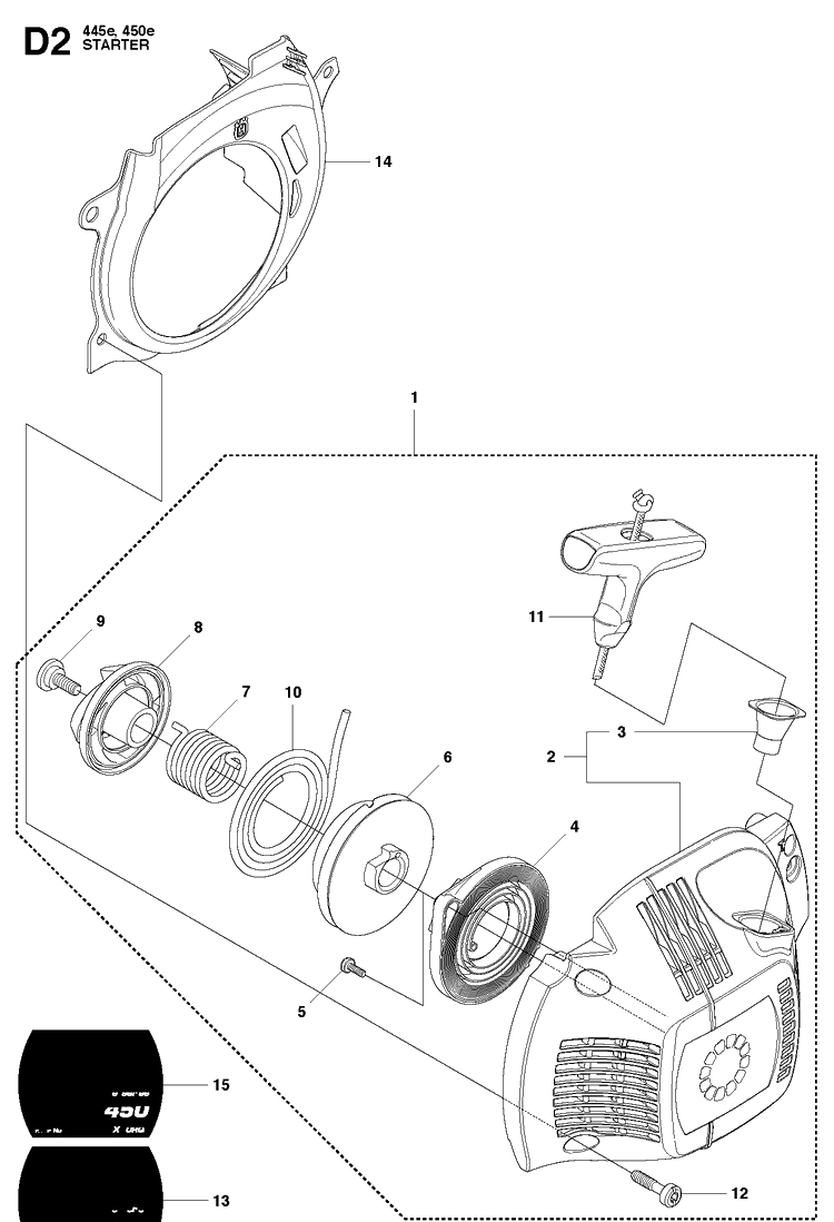 Starter 2 Diagram and Parts List for 445E 20103600001-20112700000 Husqvarna Chainsaw