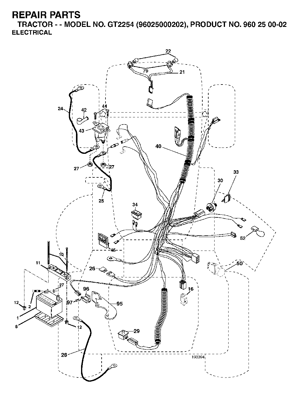 Electrical Diagram and Parts List for GT2254 (96025000202)(2005-06) Husqvarna Lawn Tractor