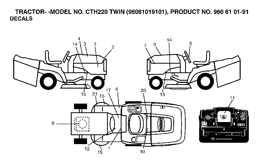 Decals Diagram and Parts List for CTH220TWIN (96061019101, 960610191)(2007-05) Husqvarna Lawn Tractor