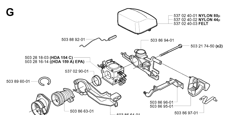 Carburetor And Air Filter Diagram and Parts List for 351 20012200001-Current Husqvarna Chainsaw
