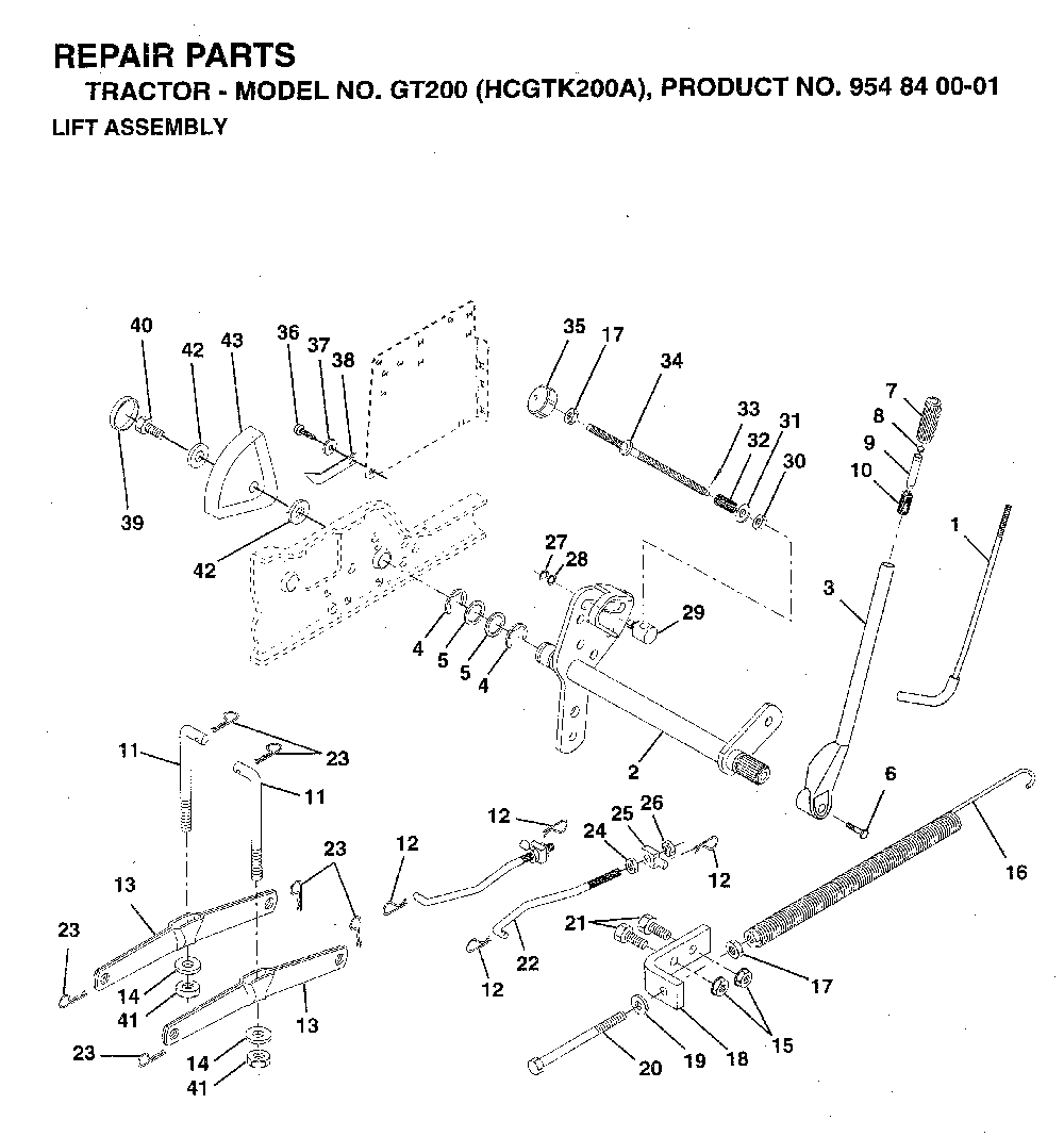 Mower Lift / Deck Lift Diagram and Parts List for GT200 (HCGTK200A, 954840001)(1996-01) Husqvarna Lawn Tractor