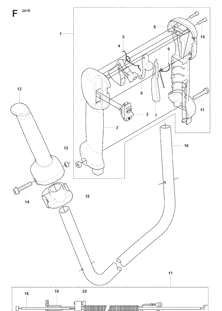 Handle And Controls Diagram and Parts List for 241R 20074400001-20093600000 Husqvarna Brush Cutter