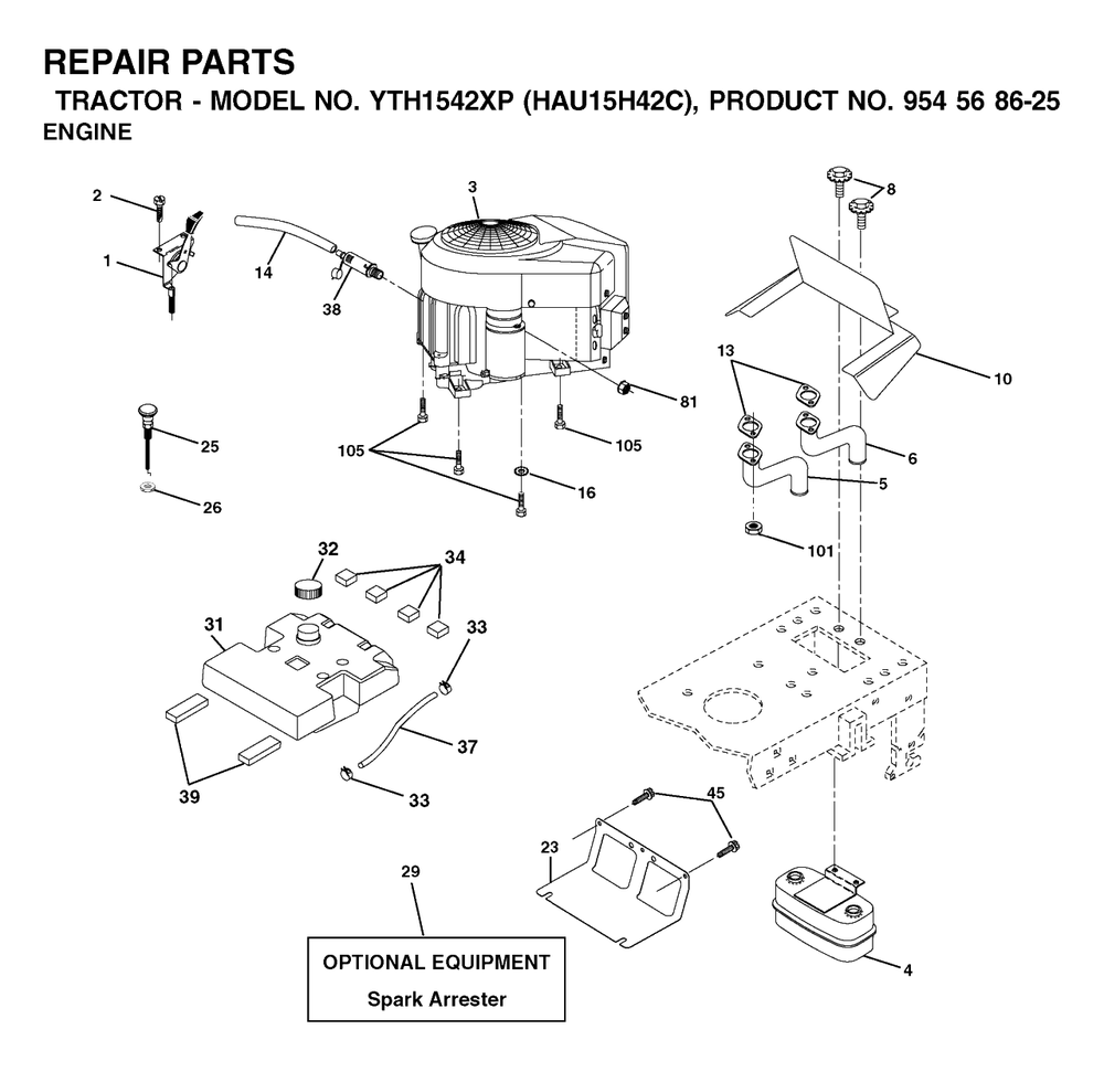 Engine Diagram and Parts List for YTH1542XP (954568625-C)(2003-01) Husqvarna Lawn Tractor