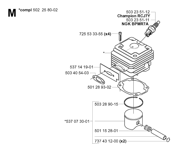 Cylinder Piston Diagram and Parts List for 265RX  Husqvarna Brush Cutter