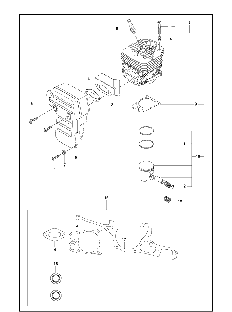 Cylinder, Piston And Muffler Diagram and Parts List for K970 2016-07 Husqvarna Lawn Tractor Accessories