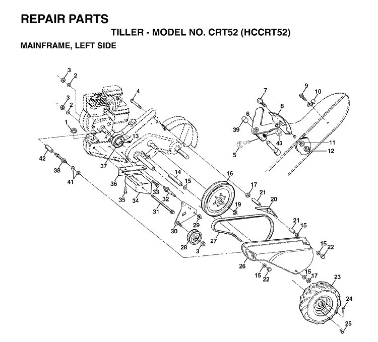 Mainframe, Left Side Diagram and Parts List for CRT52 (HCCRT52)(1997-01) Husqvarna Cultivator