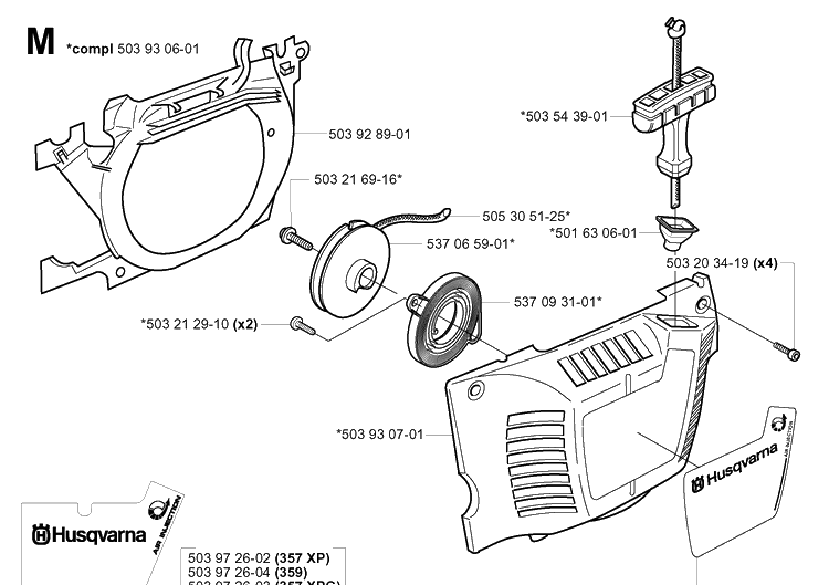 Starter Diagram and Parts List for 359 20014000001-20041800000 Husqvarna Chainsaw