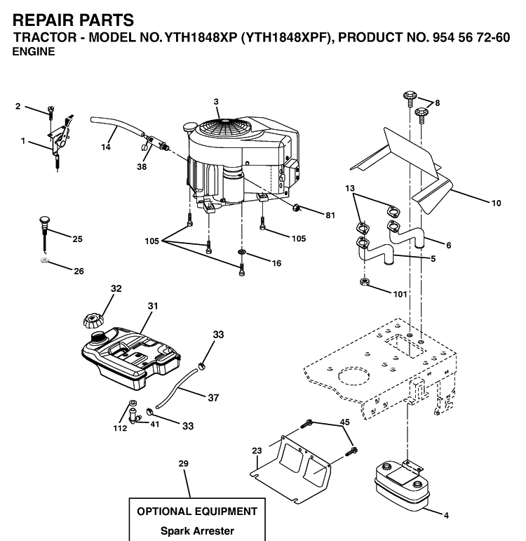 Engine Diagram and Parts List for YTH1848XP (954567260)(2003-06) Husqvarna Lawn Tractor