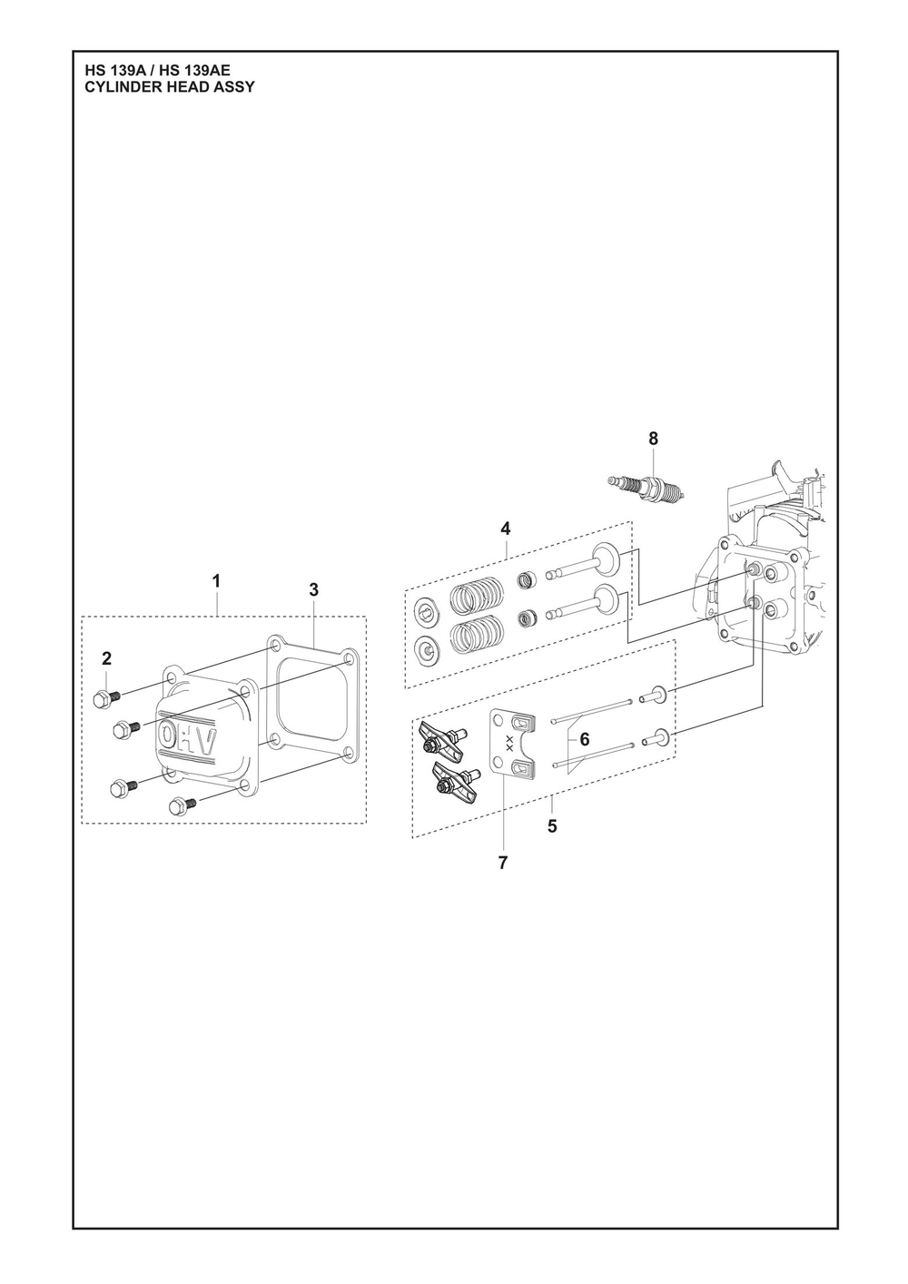 Cylinder Head Assembly Diagram and Parts List for HS139A531450601 HS 139AE 531450801, 531450802 Husqvarna Engine