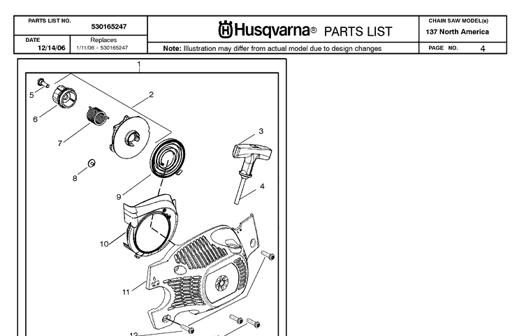Starter Diagram and Parts List for 137 20064900001-20070100000 Husqvarna Chainsaw