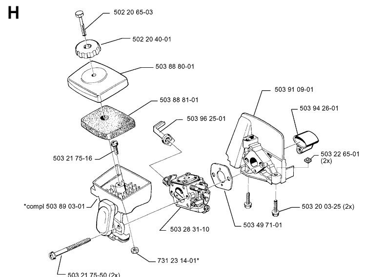 Carburetor And Air Filter Diagram and Parts List for 325RX 19991000001-20001900000 Husqvarna Brush Cutter