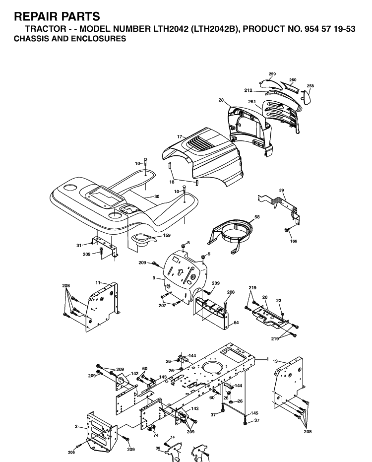 Chassis And Enclosures Diagram and Parts List for LTH2042-LTH2042B 2004-01 Husqvarna Lawn Tractor