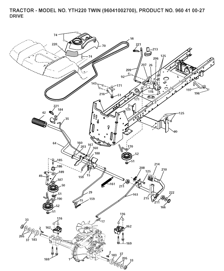 Drive Diagram and Parts List for YTH220TWIN (96041002700)(2007-04) Husqvarna Lawn Tractor