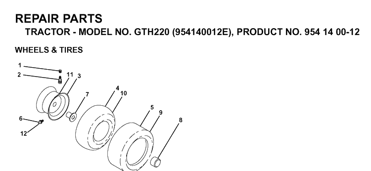 Wheels And Tires Diagram and Parts List for GTH220 (954140012E)(1998-09) Husqvarna Lawn Tractor