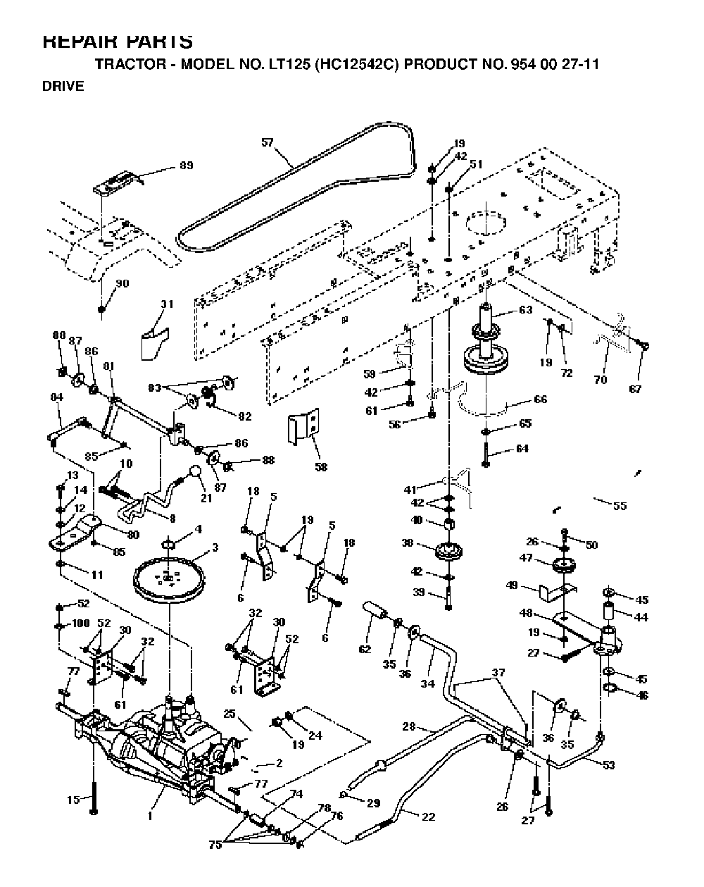 Drive Diagram and Parts List for LT125 (HC12542C, 954002711)(1996-04) Husqvarna Lawn Tractor