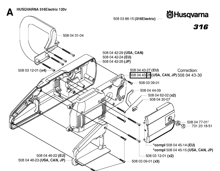 Chassis / Frame Diagram and Parts List for 316 20033100001-Current Husqvarna Chainsaw