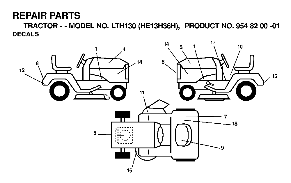 Decals Diagram and Parts List for LTH130 (HE13H36H, 954820001)(2000-02) Husqvarna Lawn Tractor