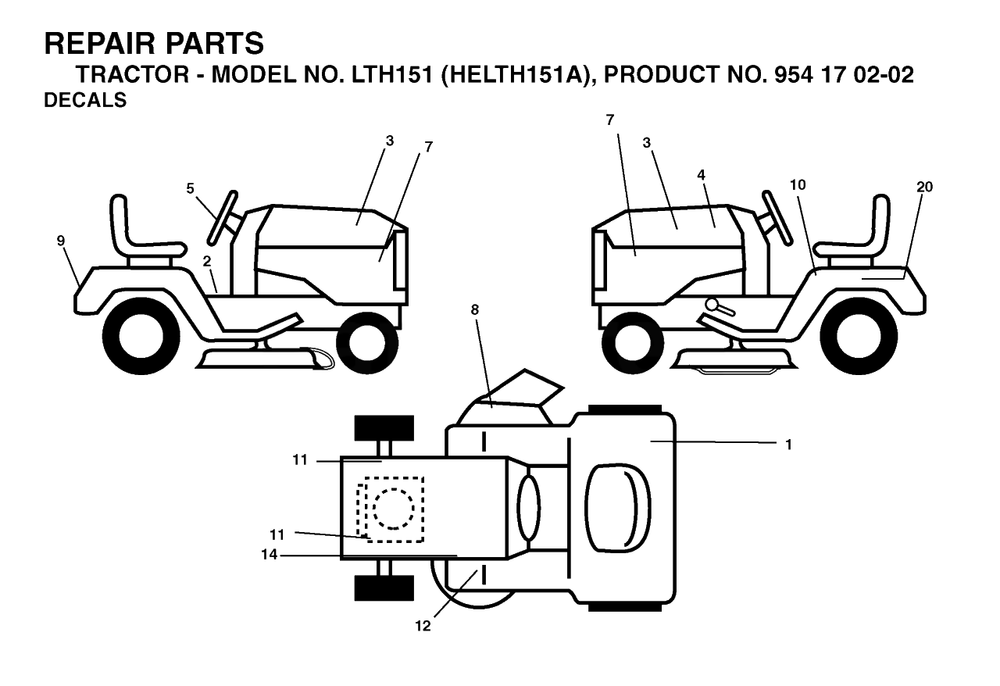 Decals Diagram and Parts List for LTH151 (954170202-A)(2004-01) Husqvarna Lawn Tractor