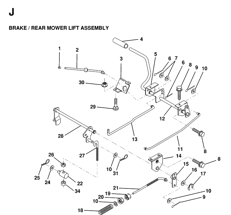 Brake / Rear Mower Lift Diagram and Parts List for LT125 1998-02 Husqvarna Lawn Tractor