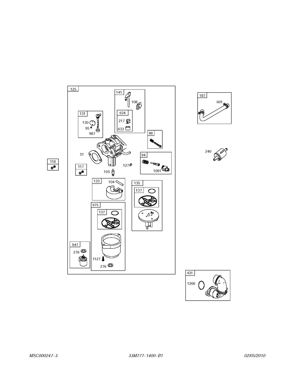 Carburetor Diagram and Parts List for 33M777-1400-B1  Husqvarna Engine