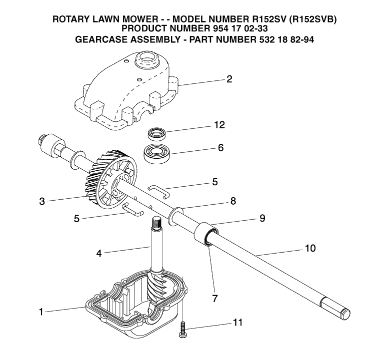 Gear Case Diagram and Parts List for R152-R152SVB 2004-10 Husqvarna Lawn Mower