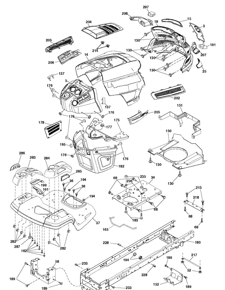 Chassis / Frame Diagram and Parts List for YTH26V54 (96043011100)(2010-11) Husqvarna Lawn Tractor