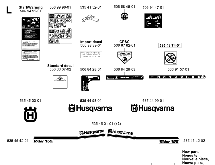 Decals Diagram and Parts List for RIDER155 (953533805)(2005-01) Husqvarna Lawn Mower