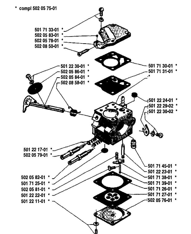 Carburetor Parts Diagram and Parts List for 140R 1980-02 Husqvarna Brush Cutter