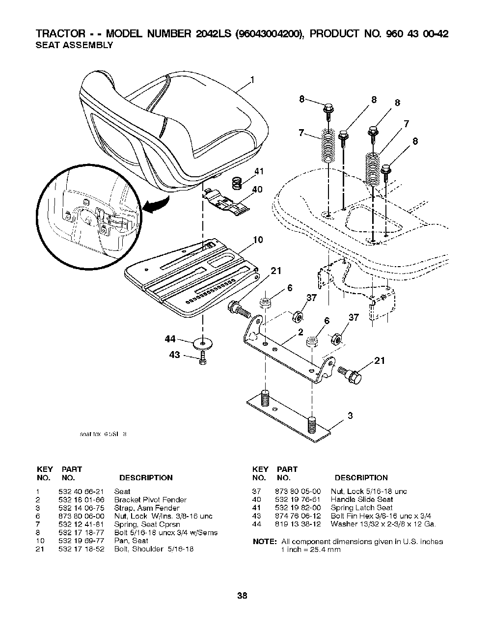 Seat Diagram and Parts List for 2042LS (96043004200)(2008-01) Husqvarna Lawn Tractor