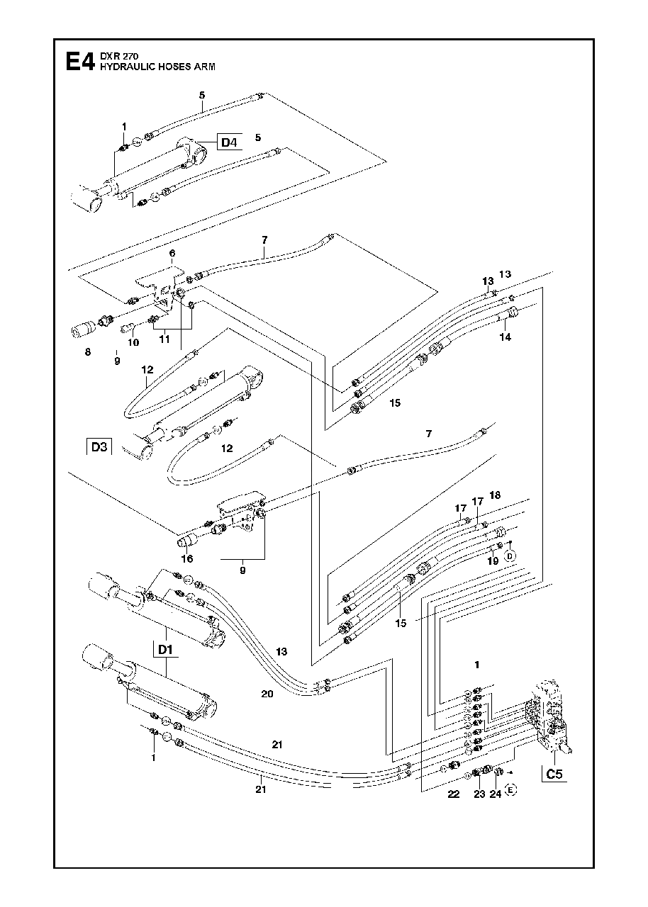Hydraulic Hoses Arm Diagram and Parts List for DXR270 (1 & Above)(2013-08) Husqvarna Demolition Hammer