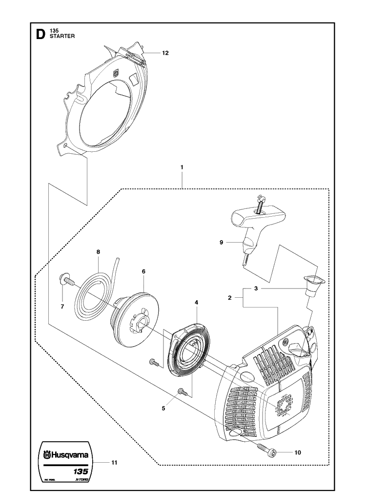 Starter Diagram and Parts List for 135  Husqvarna Chainsaw