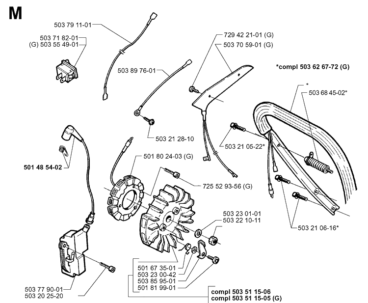 Electrical Diagram and Parts List for 371XP 19963500001-19974900000 Husqvarna Chainsaw