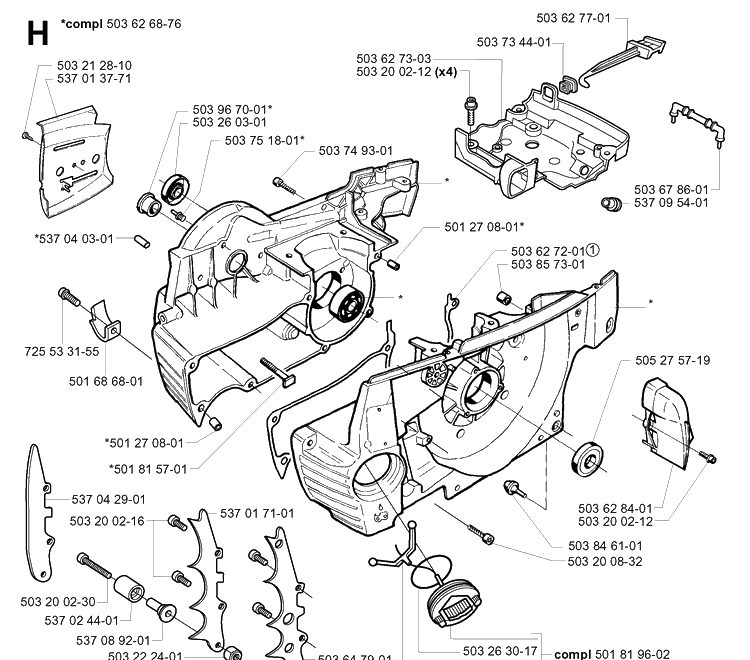 Crankcase Diagram and Parts List for 365 20020100001-20034400000 Husqvarna Chainsaw