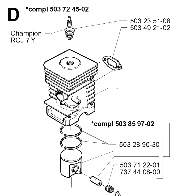 Cylinder Piston Diagram and Parts List for 225E 1997-02 Husqvarna Trimmer