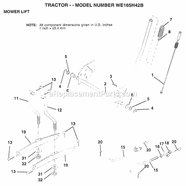 Mower Lift Diagram and Parts List for WE165H42B 1998 Husqvarna Lawn Tractor