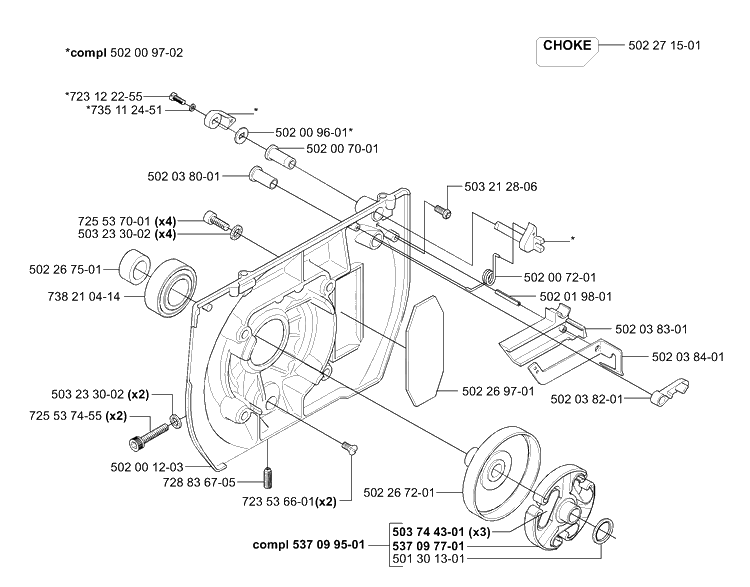 Clutch / Drum / Choke Diagram and Parts List for 265RX 2001-07 Husqvarna Brush Cutter