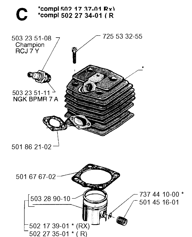 Cylinder Piston Diagram and Parts List for 250RX 19954000001-19973100000 Husqvarna Brush Cutter