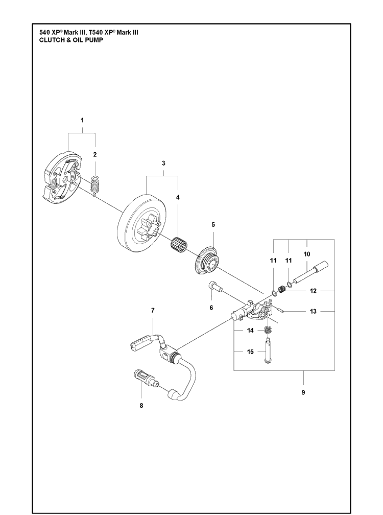 Clutch And Oil Pump Diagram and Parts List for 540XP Mark III Husqvarna Chainsaw