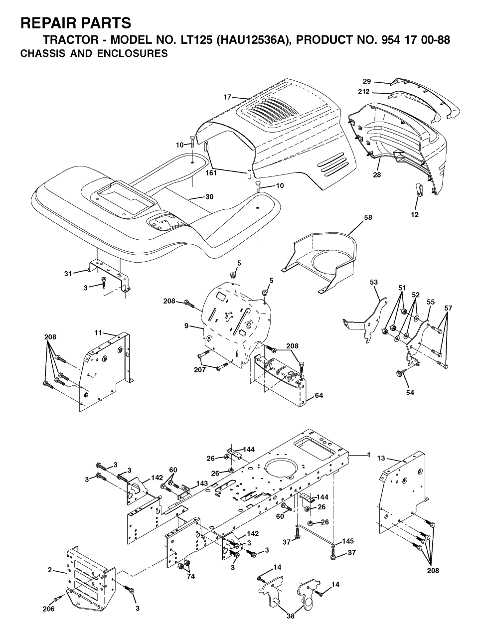 Chassis And Enclosures Diagram and Parts List for LT125 (954170088-A)(2003-01) Husqvarna Lawn Tractor