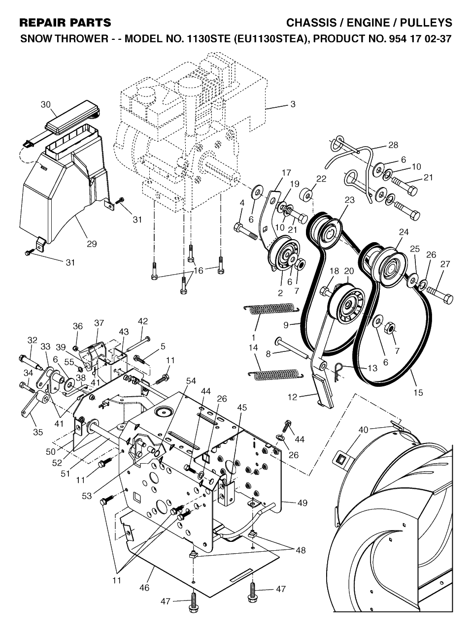 Chassis, Engine And Pulleys Diagram and Parts List for 1130STE (954170237-A)(2004-09) Husqvarna Snow Blower