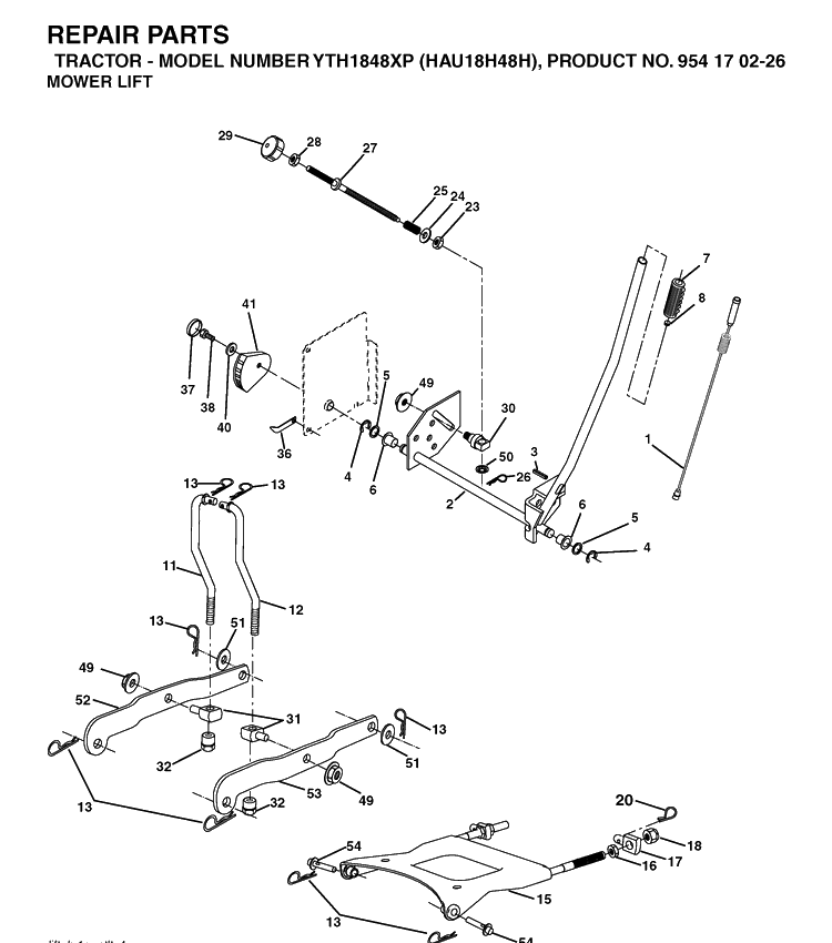 Mower Lift / Deck Lift Diagram and Parts List for YTH1848XP (HAU18H48H)(2004-09) Husqvarna Lawn Tractor