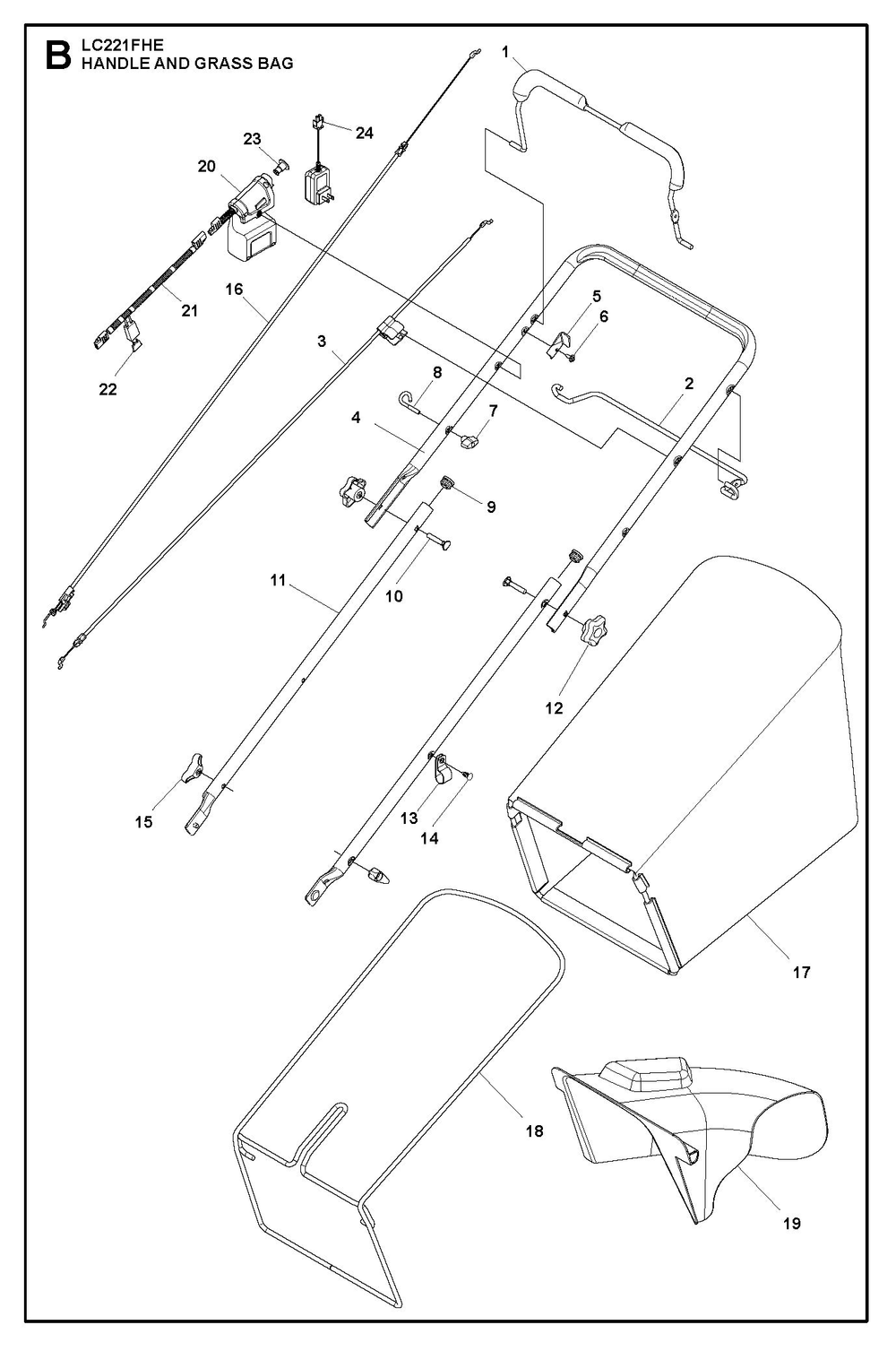 Handle Diagram and Parts List for L221FHE  Husqvarna Lawn Mower