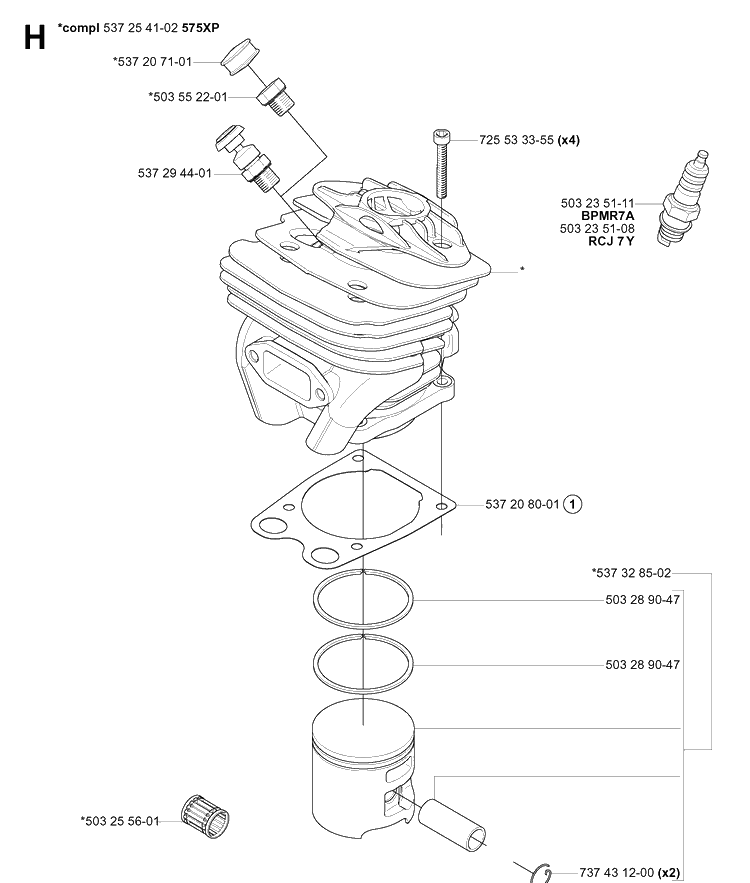 Cylinder Piston Diagram and Parts List for 575XP 20051400001-20070100000 Husqvarna Chainsaw