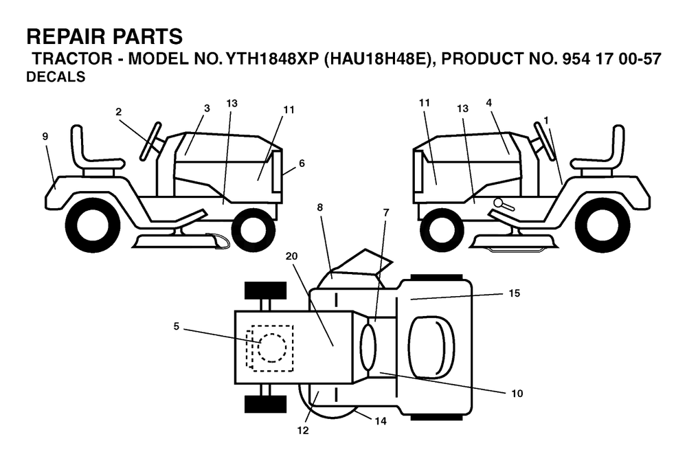 Decals Diagram and Parts List for YTH1848XP (954170057-E)(2003-01) Husqvarna Lawn Tractor