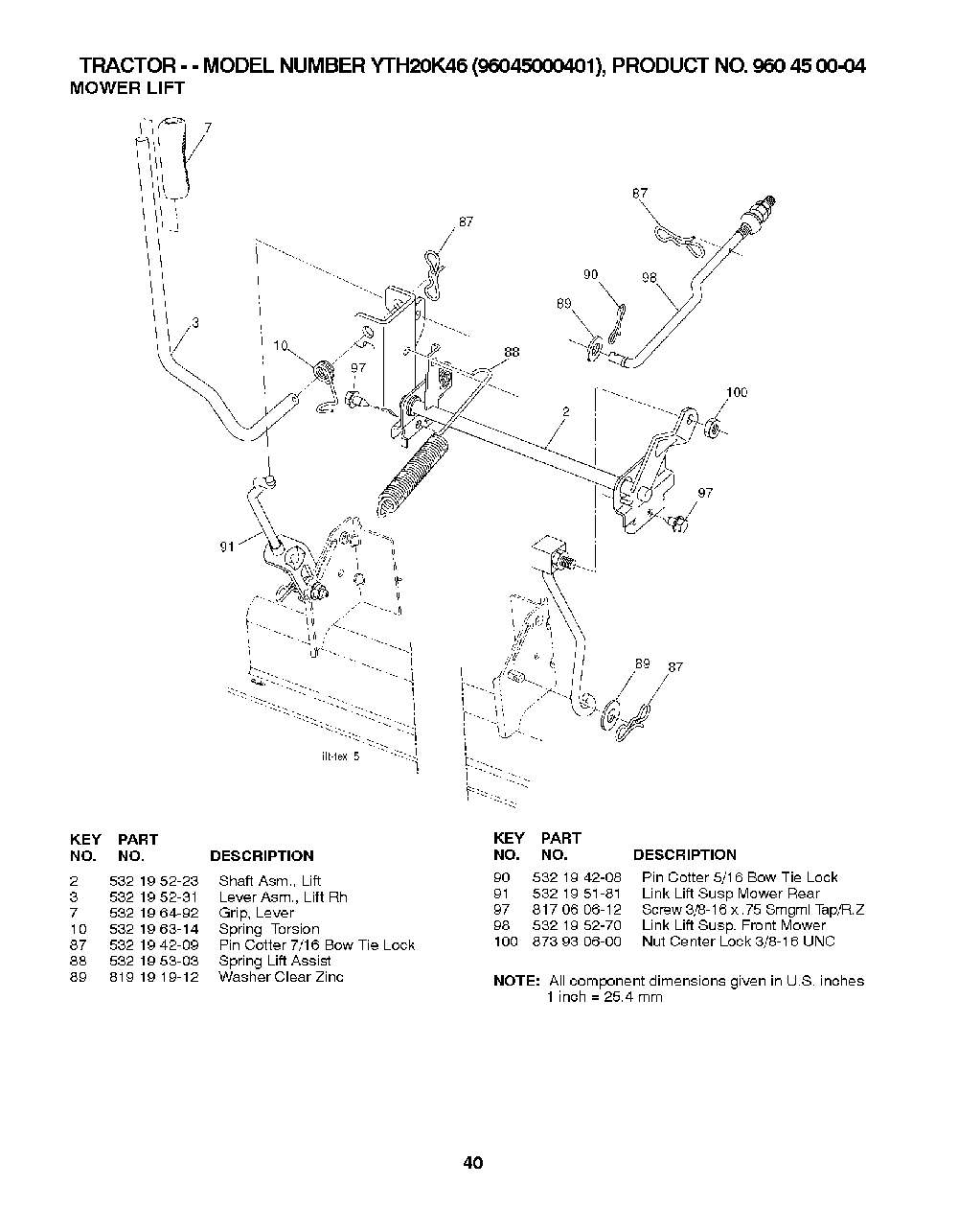 Mower Lift / Deck Lift Diagram and Parts List for YTH20K4696045000401 2007-07 Husqvarna Lawn Tractor