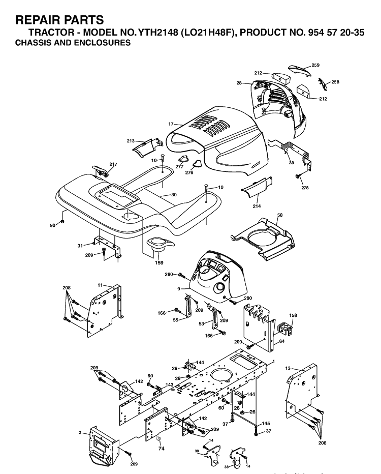 Chassis And Enclosures Diagram and Parts List for YTH2148-LO21H48F 2004-03 Husqvarna Lawn Tractor
