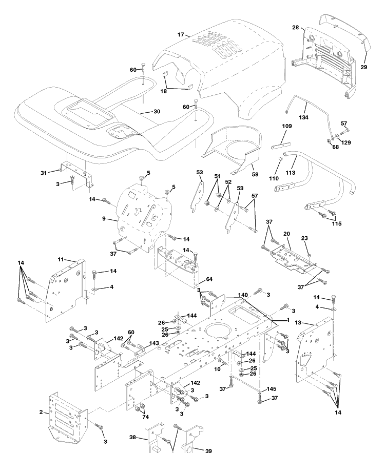 Chassis And Enclosures Diagram and Parts List for LTH130 (954140005D)(1998-02) Husqvarna Lawn Mower