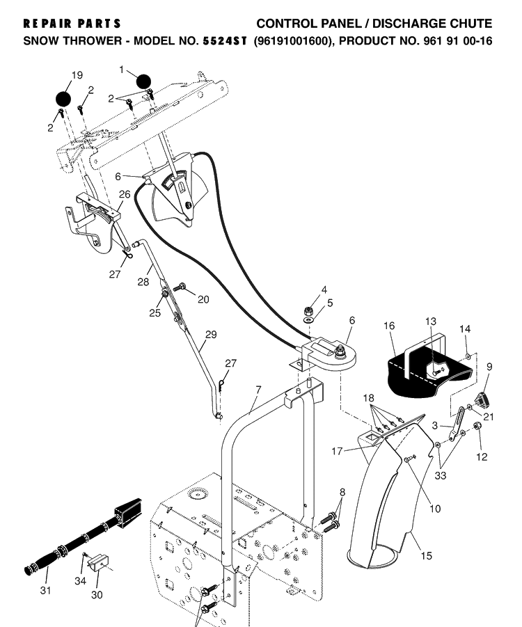Control Panel And Discharge Chute Diagram and Parts List for 5524ST (96191001600)(2007-07) Husqvarna Snow Blower
