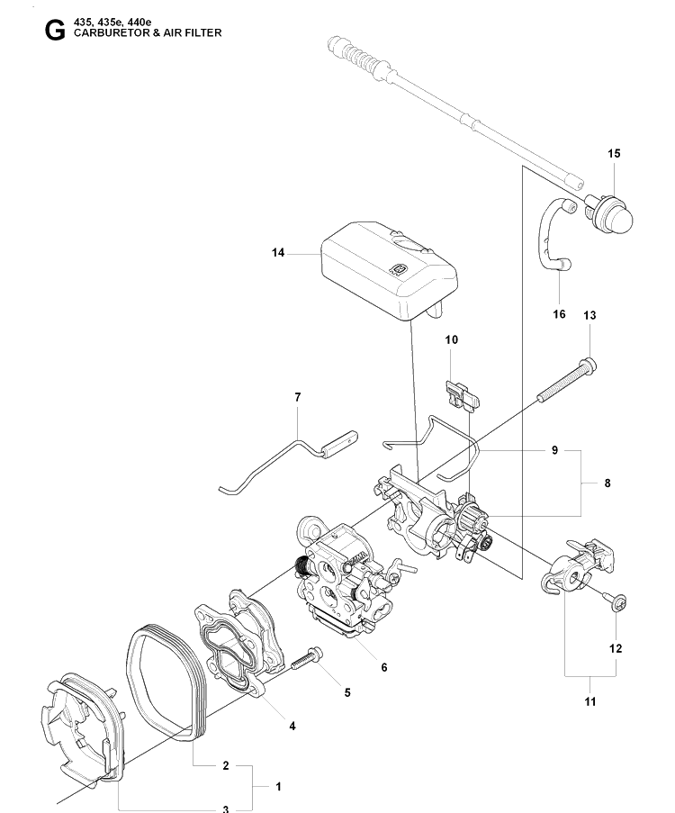 Carburetor And Air Filter Diagram and Parts List for 440E 20090400001-20102300000 Husqvarna Chainsaw